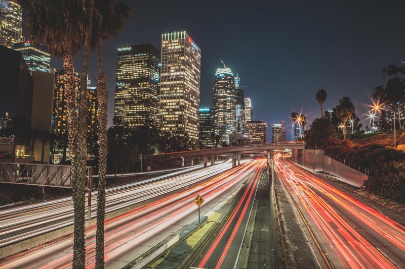 A long exposure shot of downtown Los Angeles